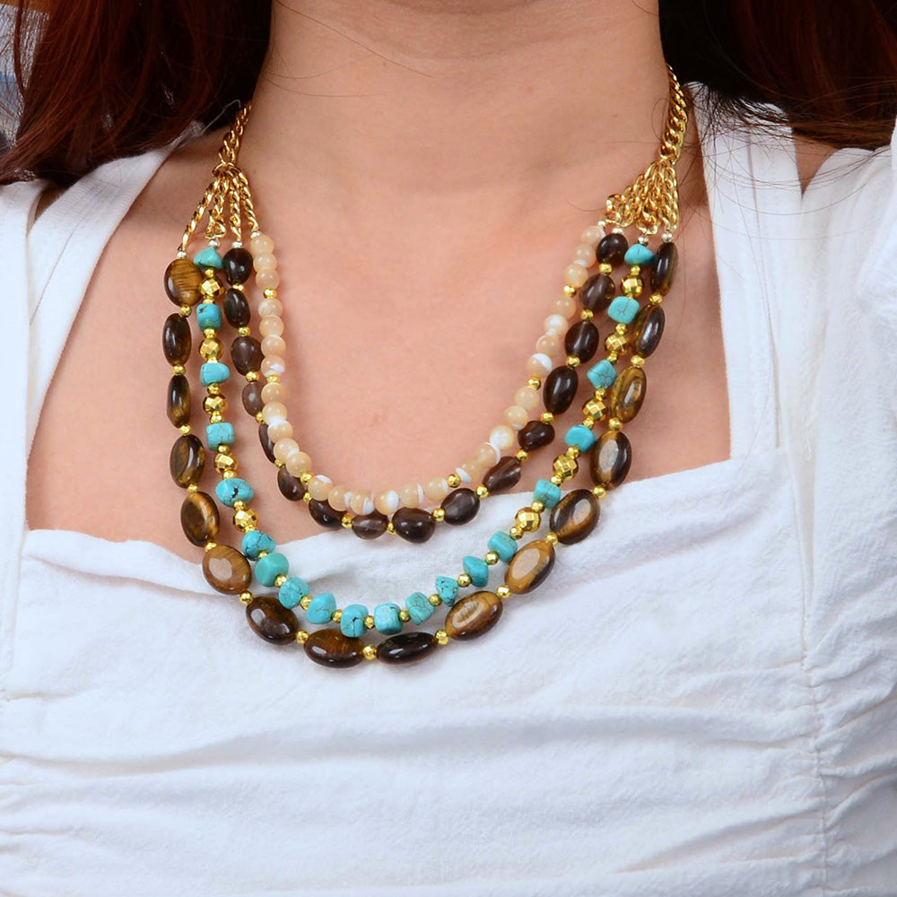 Brown Tiger's Eye and Turquoise Golden Statement Necklace