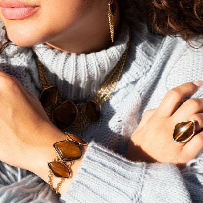 Abstract Brown Tiger's Eye Golden Statement Bracelet