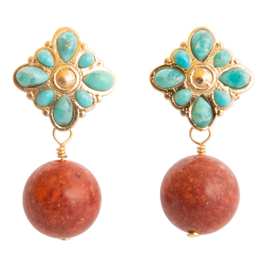Pair of earrings with turquoise stones and brown spherical beads on a white background