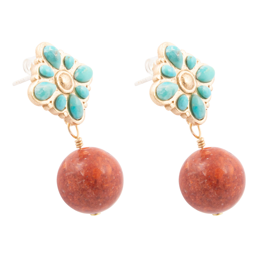 Pair of earrings with turquoise floral top and brown spherical bottom on a white background