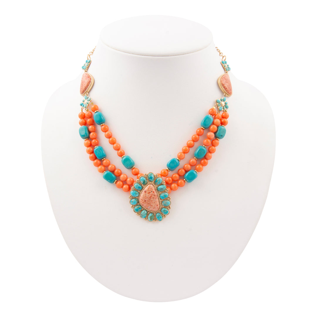 Blue Turquoise Starburst Orange Coral Golden Statement Necklace