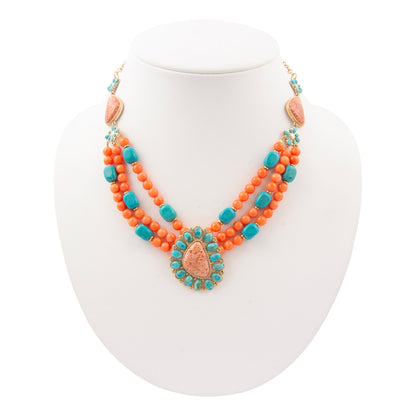 Blue Turquoise Starburst Orange Coral Golden Statement Necklace