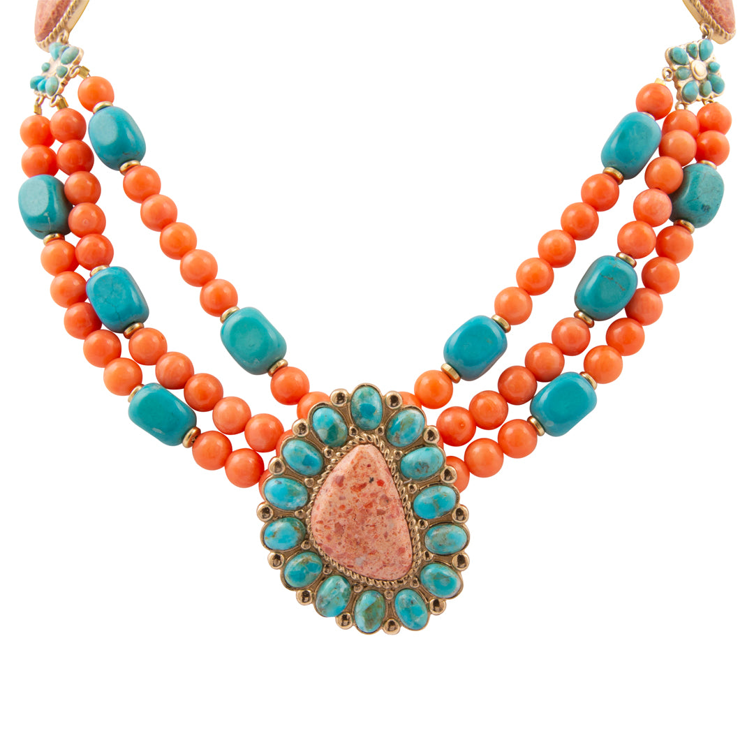 Blue Turquoise Starburst Orange Coral Golden Statement Necklace