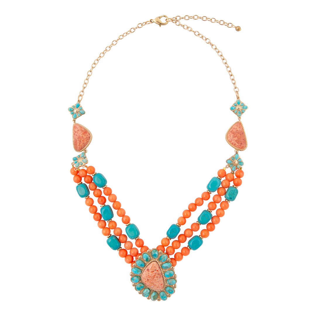 Blue Turquoise Starburst Orange Coral Golden Statement Necklace
