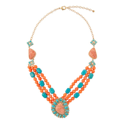 Blue Turquoise Starburst Orange Coral Golden Statement Necklace