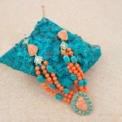 Blue Turquoise Starburst Orange Coral Golden Statement Necklace