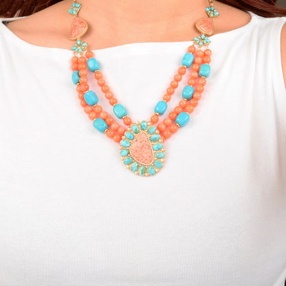 Blue Turquoise Starburst Orange Coral Golden Statement Necklace