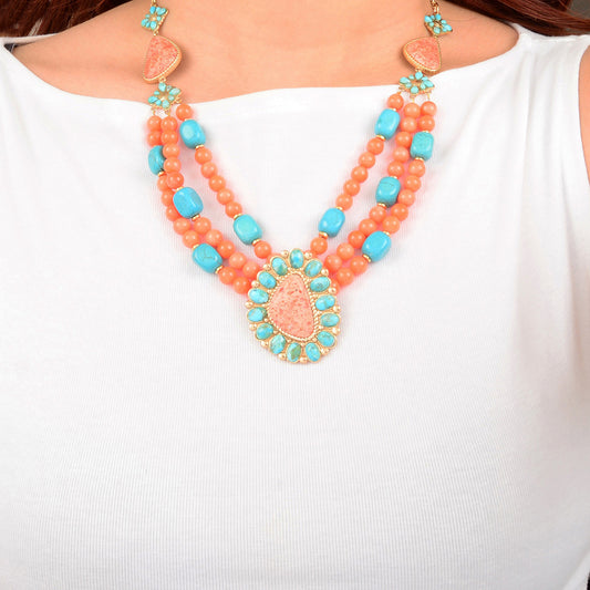 Blue Turquoise Starburst Orange Coral Golden Statement Necklace