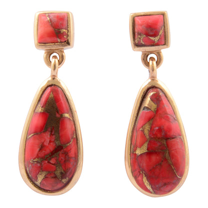 Scarlet Red Metal Infused Magnesite Post Golden Drop Earrings