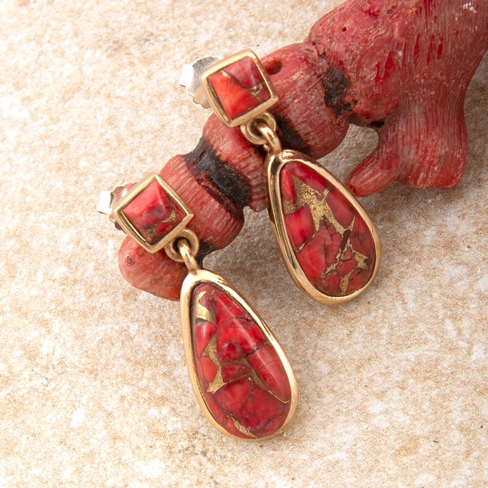 Scarlet Red Metal Infused Magnesite Post Golden Drop Earrings