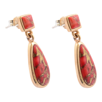 Scarlet Red Metal Infused Magnesite Post Golden Drop Earrings