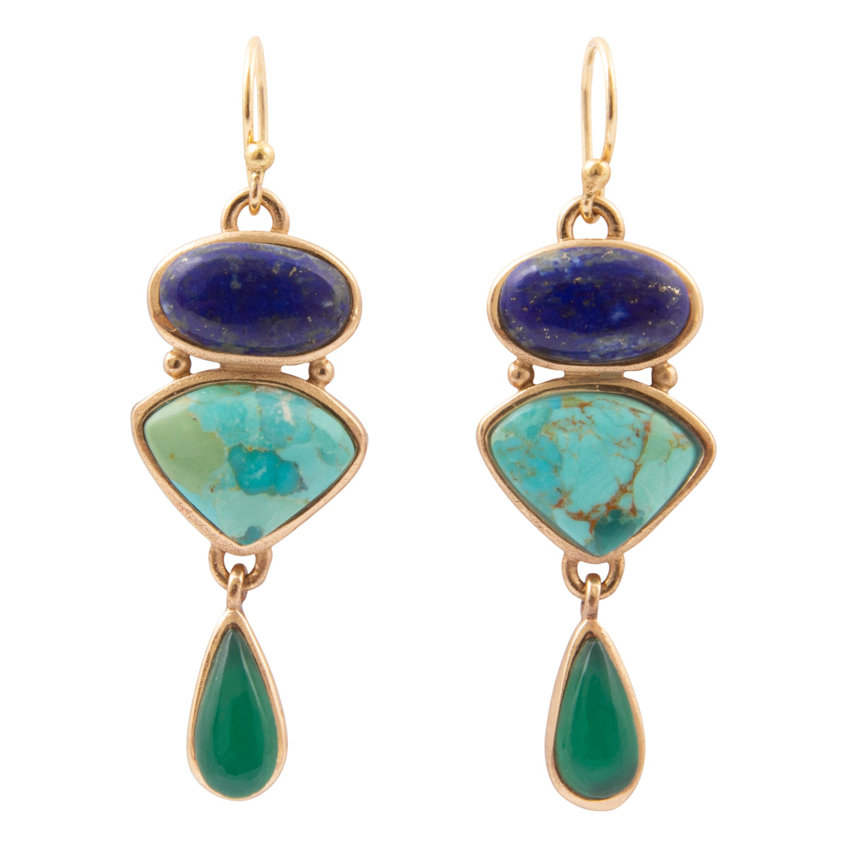 Azure Blue Lapis and Turquoise Green Agate Golden Statement Earrings - front view