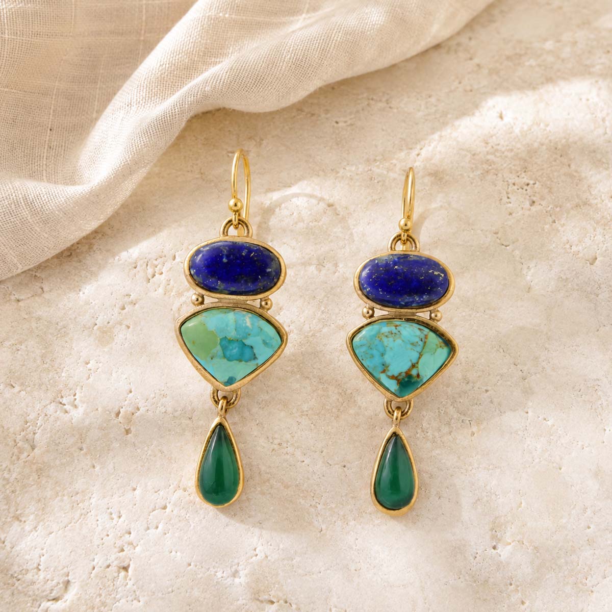 Azure Blue Lapis and Turquoise Green Agate Golden Statement Earrings - lifestyle view