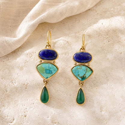 Azure Blue Lapis and Turquoise Green Agate Golden Statement Earrings - lifestyle view