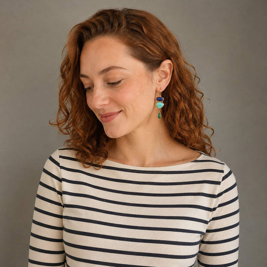 Azure Blue Lapis and Turquoise Green Agate Golden Statement Earrings - model view