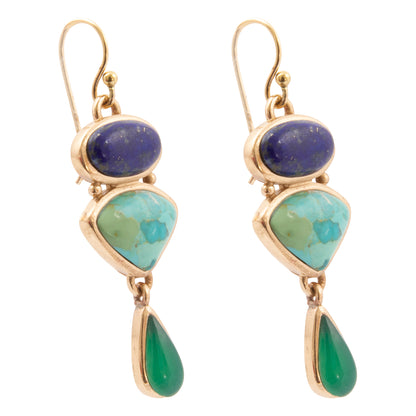 Azure Blue Lapis and Turquoise Green Agate Golden Statement Earrings - side view