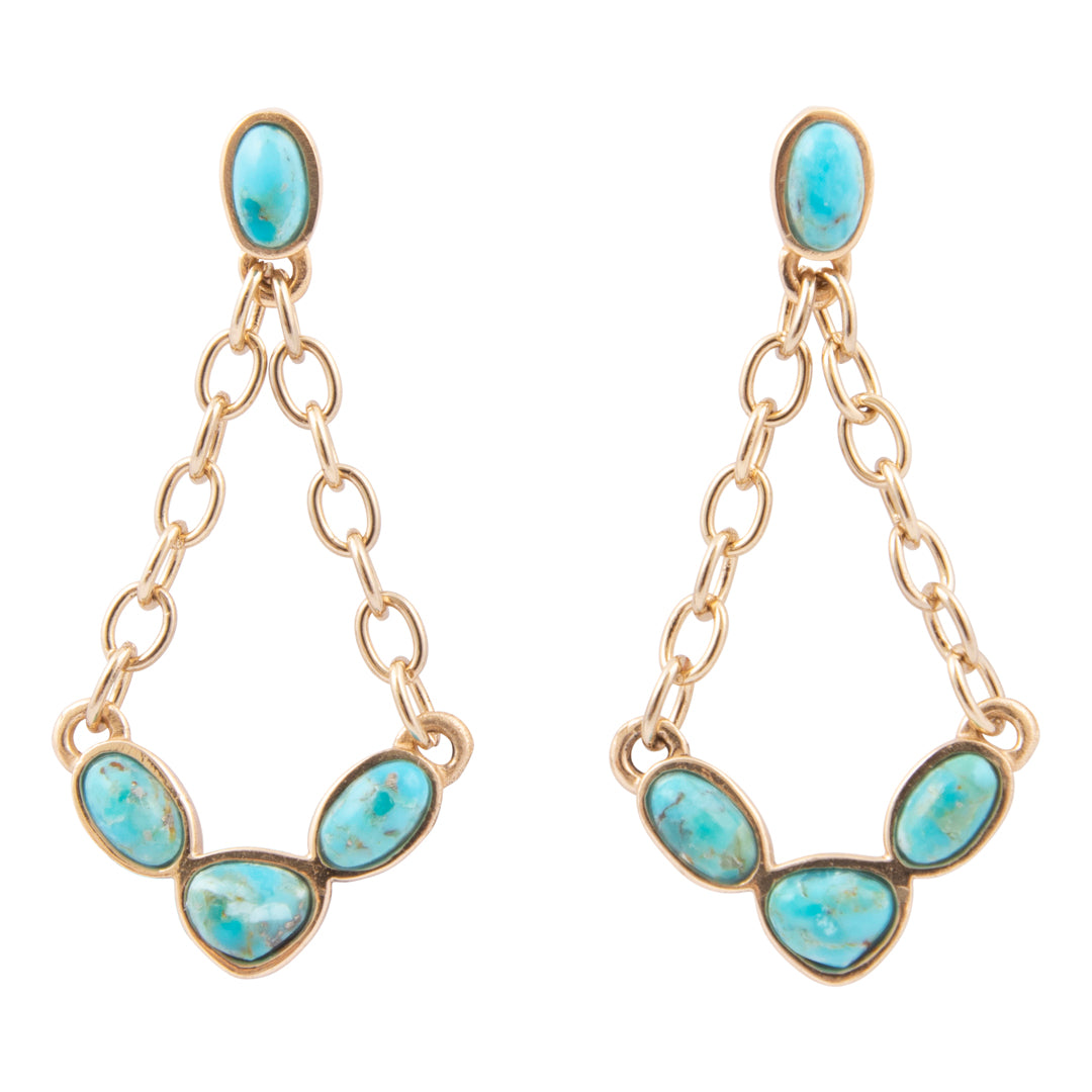 Gold chain earrings with turquoise stones on a white background