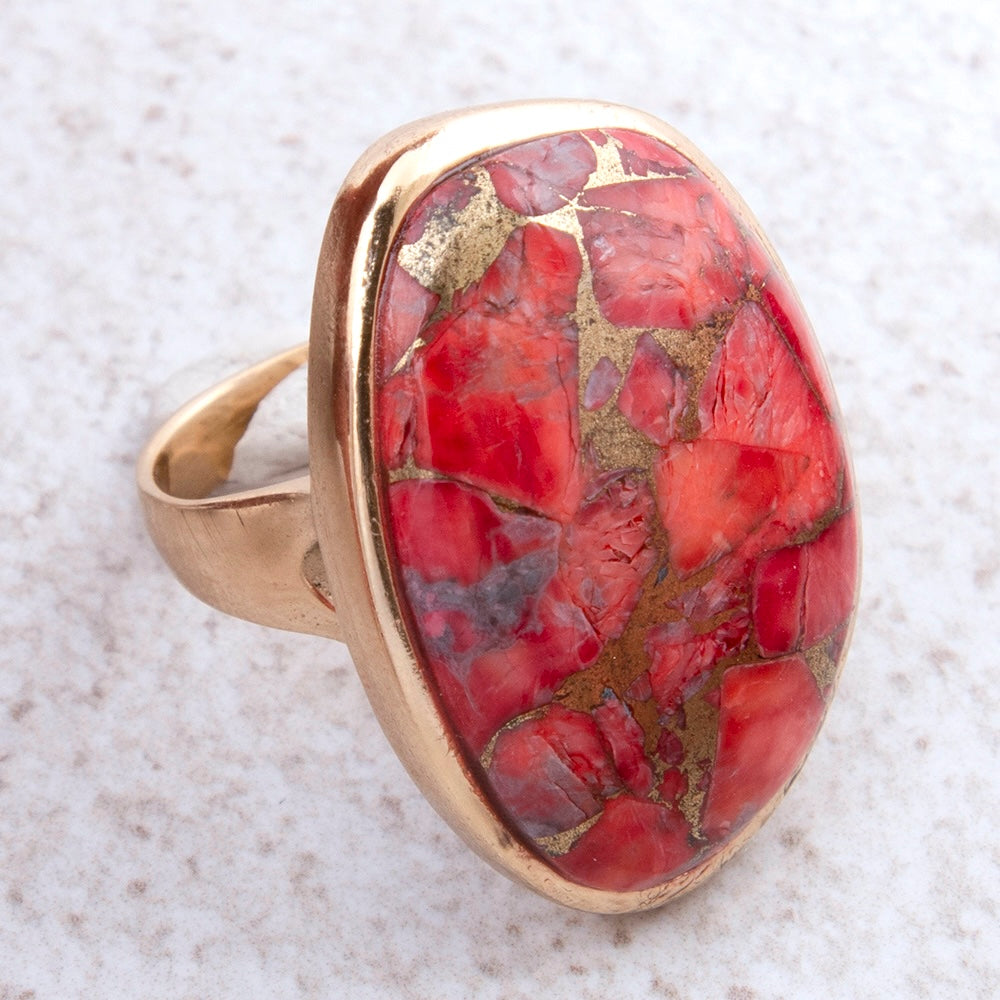 Scarlet Red Magnesite Golden Statement Ring