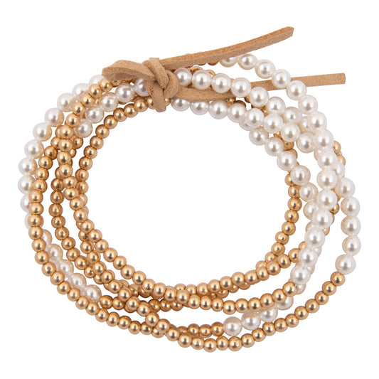 Three pearl necklaces with gold and beige accents on a white background
