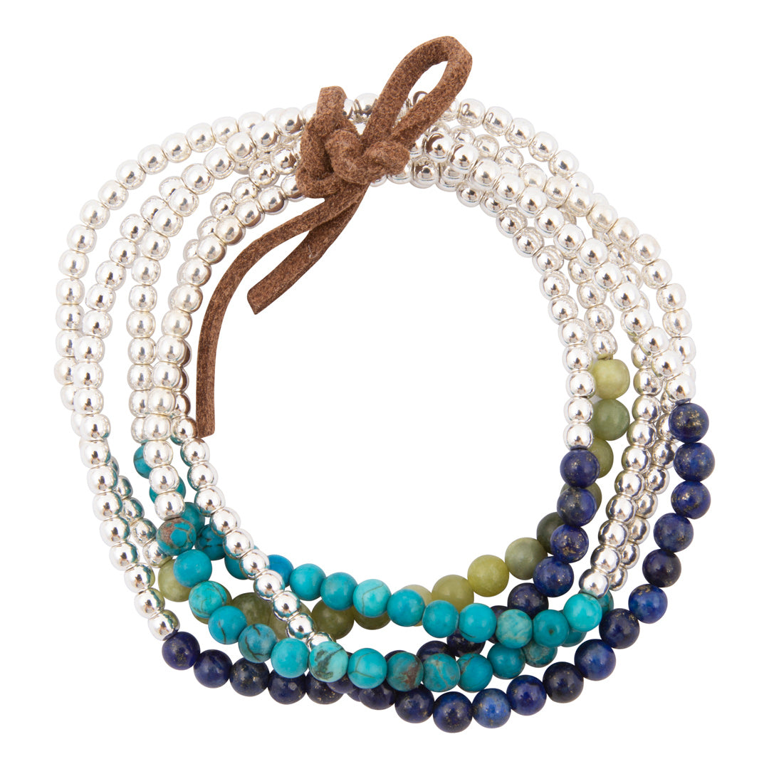 Coastal Grove Blue Turquoise and Blue Lapis Silver Stack Bracelet Set