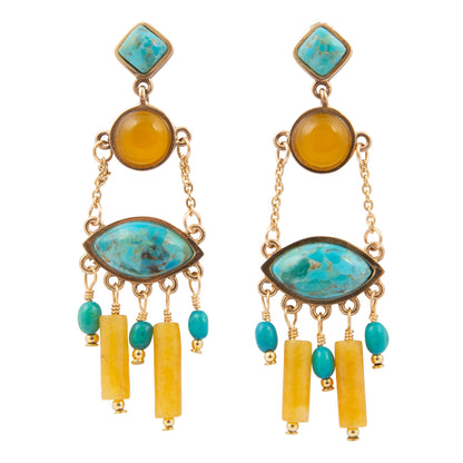 Pair of earrings with turquoise and yellow stones on a white background