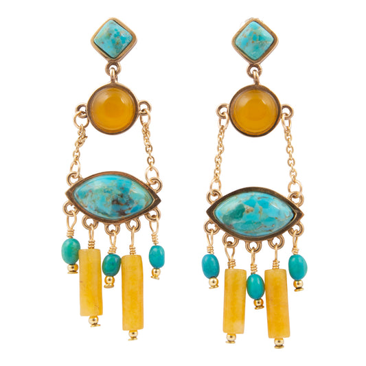 Pair of earrings with turquoise and yellow stones on a white background
