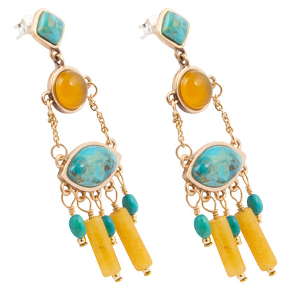 Pair of earrings with turquoise and yellow stones on a white background
