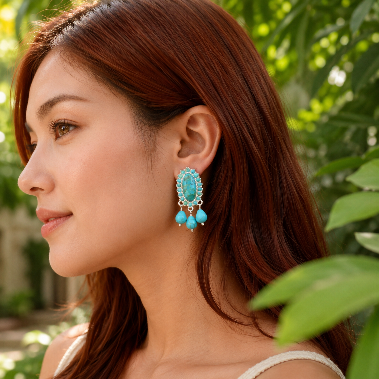 A woman in profile wearing a dangling turquoise earring with silver-toned detailing, set against a blurred background of green foliage.