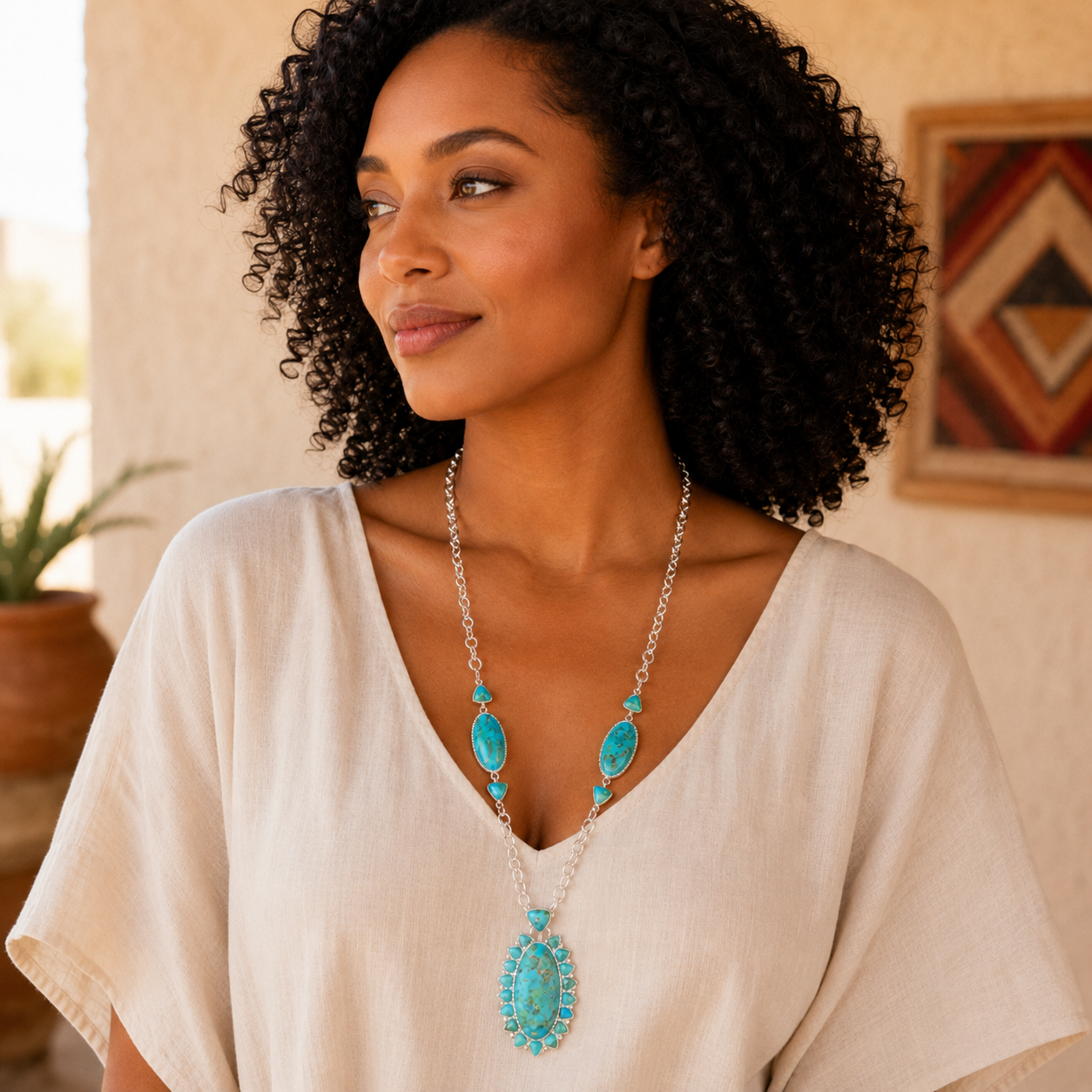 Woman wearing a turquoise necklace in a warm-toned indoor setting