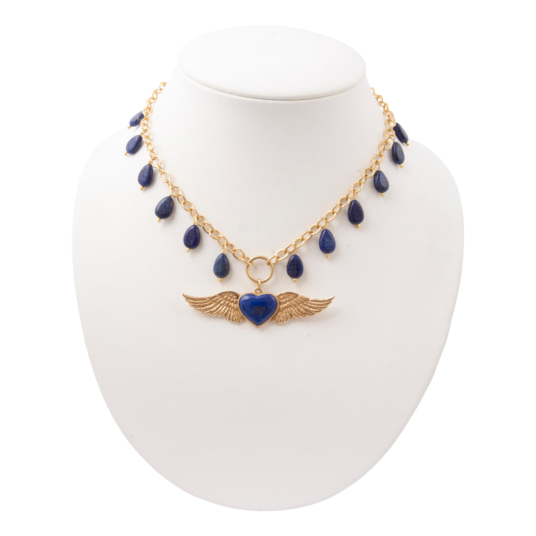 Flying Heart Blue Lapis Golden Pendant Necklace