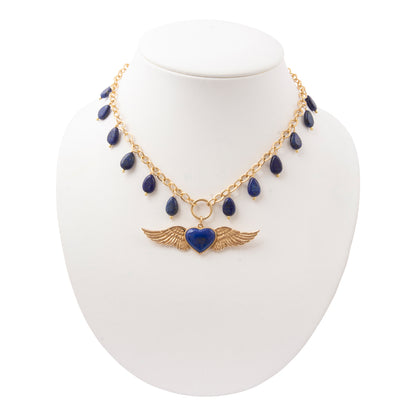 Flying Heart Blue Lapis Golden Pendant Necklace