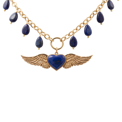 Flying Heart Blue Lapis Golden Pendant Necklace