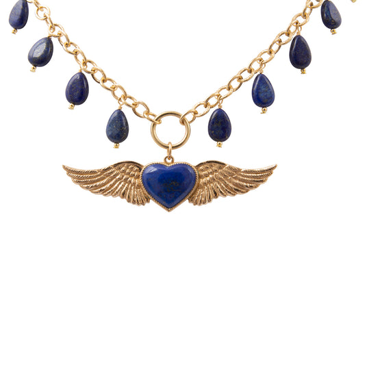 Flying Heart Blue Lapis Golden Pendant Necklace