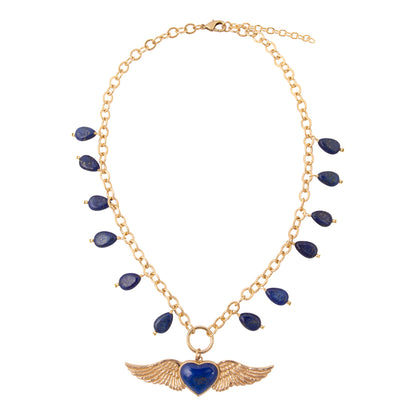 Flying Heart Blue Lapis Golden Pendant Necklace