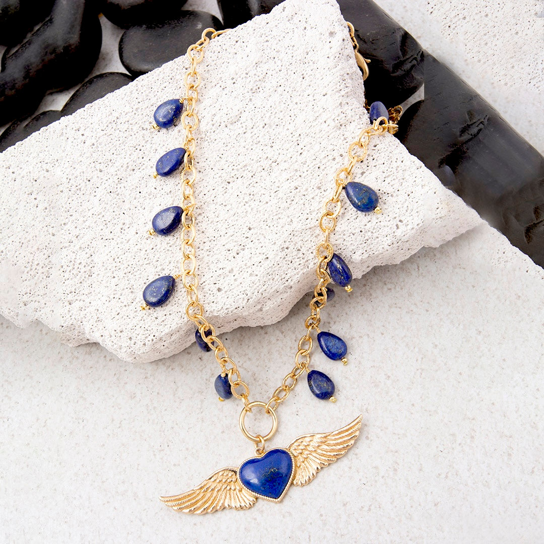 Flying Heart Blue Lapis Golden Pendant Necklace