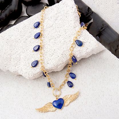 Flying Heart Blue Lapis Golden Pendant Necklace