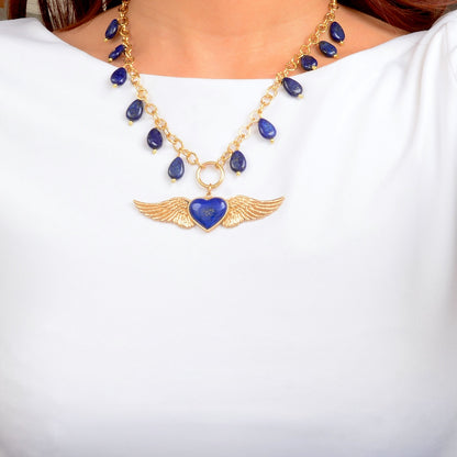 Flying Heart Blue Lapis Golden Pendant Necklace