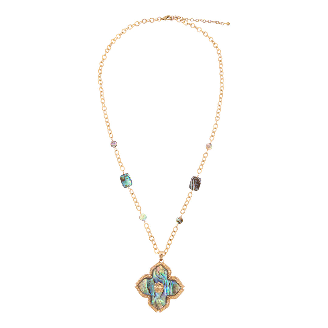 Necklace with a floral pendant and beaded chain on a white background