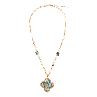 Necklace with a floral pendant and beaded chain on a white background