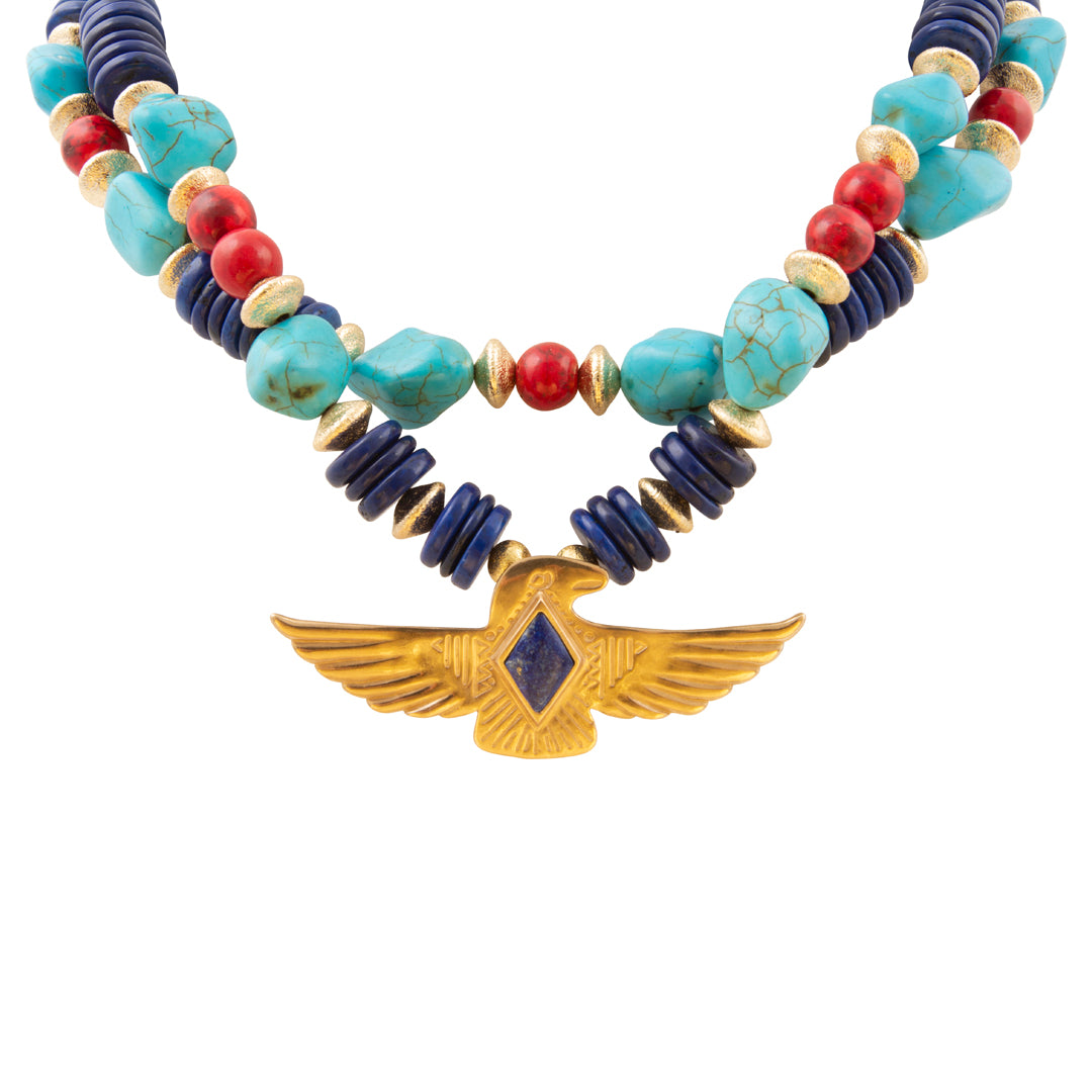 Blue Lapis Thunderbird Golden Statement Necklace
