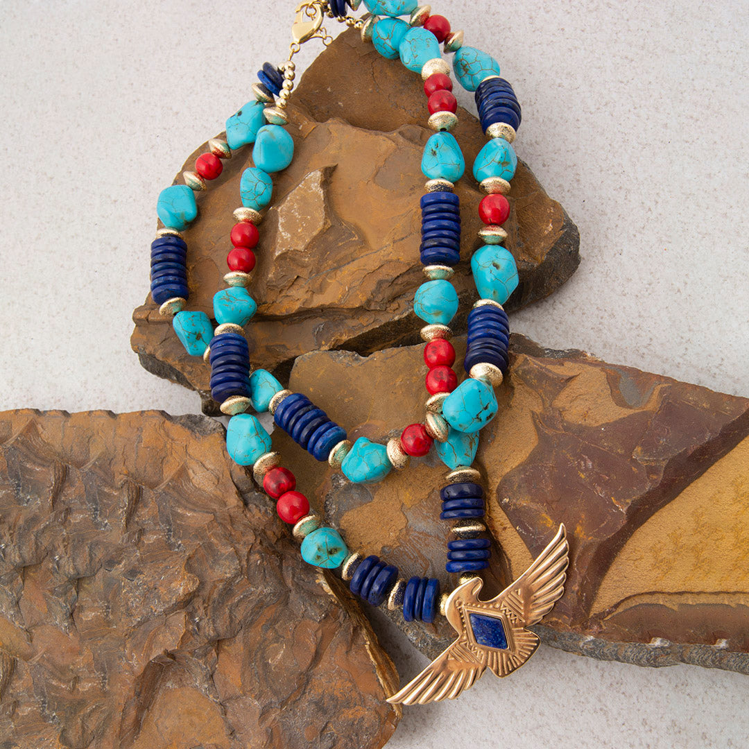 Blue Lapis Thunderbird Golden Statement Necklace