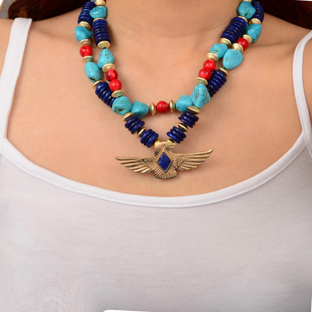 Blue Lapis Thunderbird Golden Statement Necklace