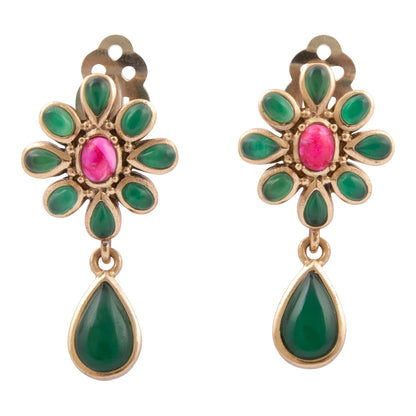 Flowering Green Agate Golden Clip Earrings