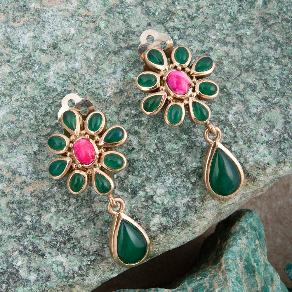 Flowering Green Agate Golden Clip Earrings
