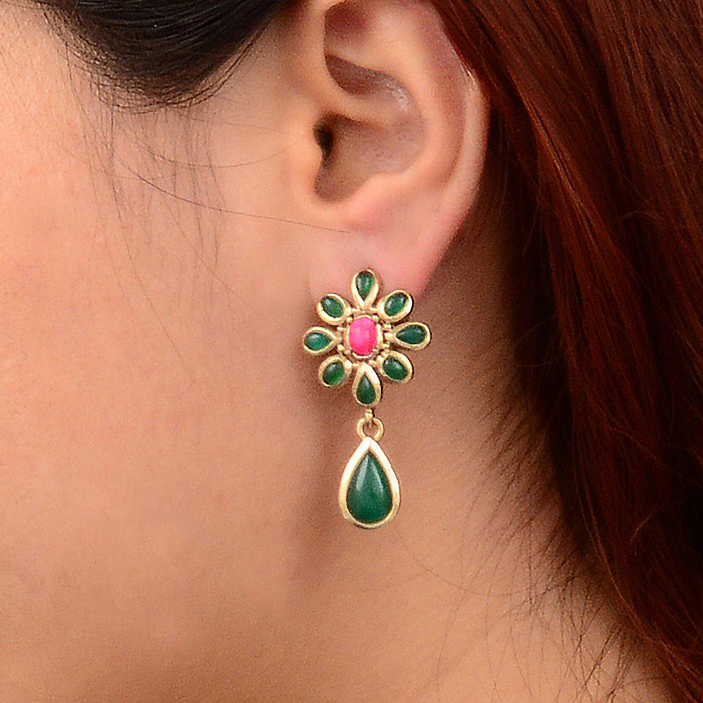 Flowering Green Agate Golden Clip Earrings