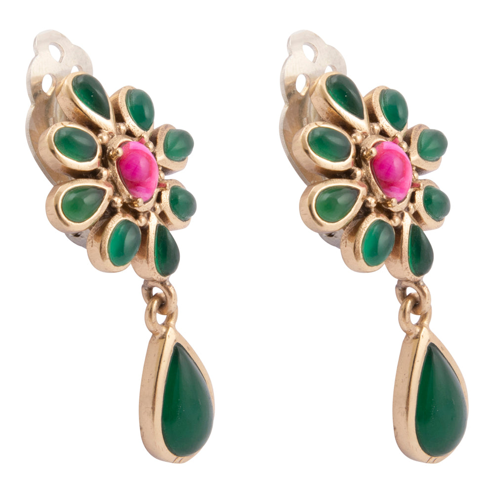 Flowering Green Agate Golden Clip Earrings