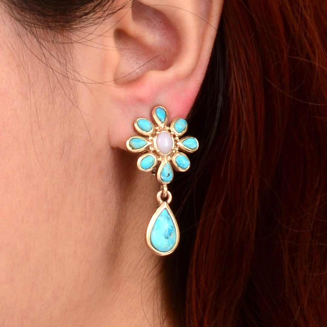 Cactus Rose Pink Opal Blue Turquoise Golden Clip Earring