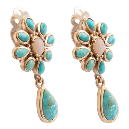 Cactus Rose Pink Opal Blue Turquoise Golden Clip Earring