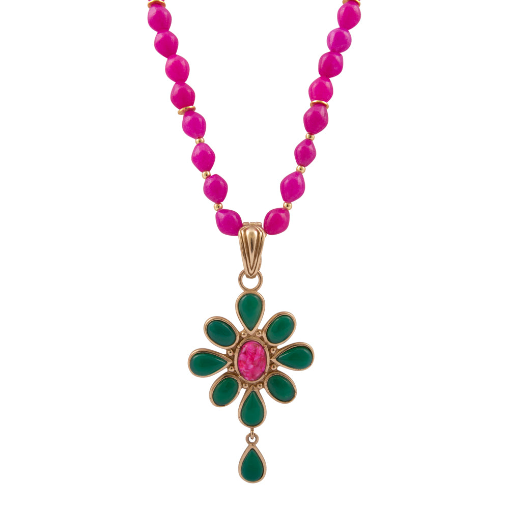 Flowering Green Agate Pink Pendant Necklace