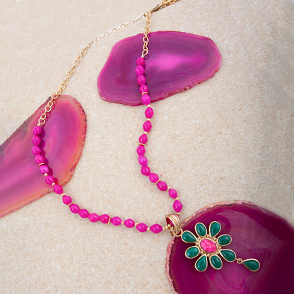 Flowering Green Agate Pink Pendant Necklace